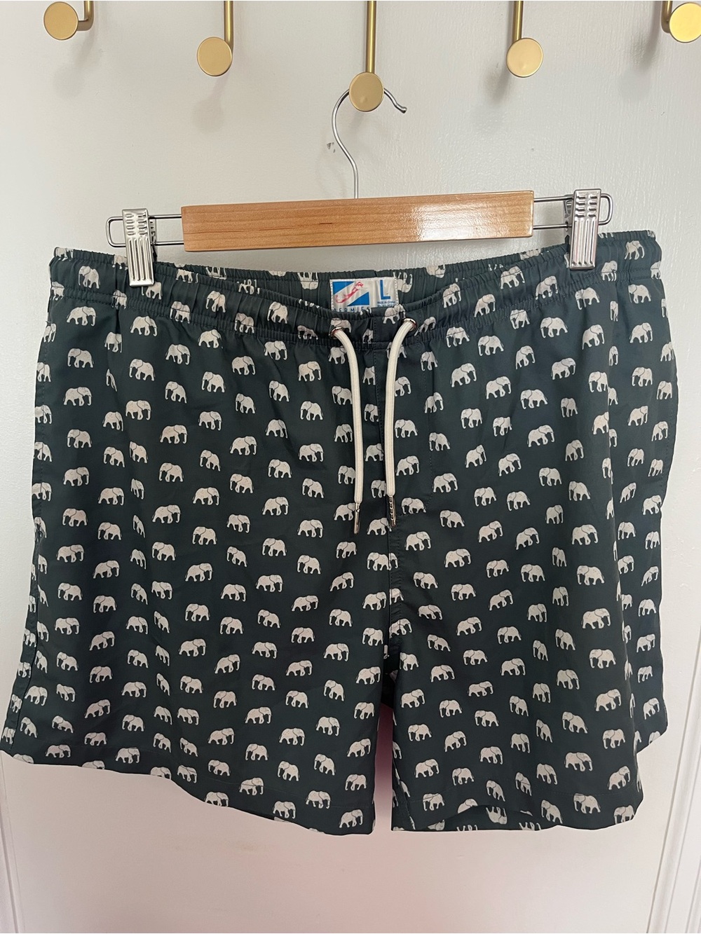 Bermies Men’s Swim Shorts - Black with White Elephant Pattern